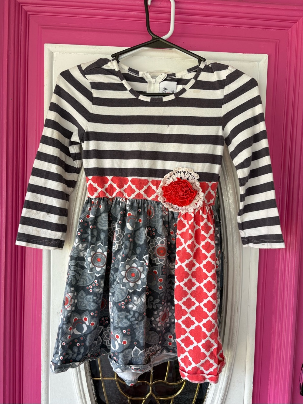 Girls grey & White Striped Dress with Coral Accent